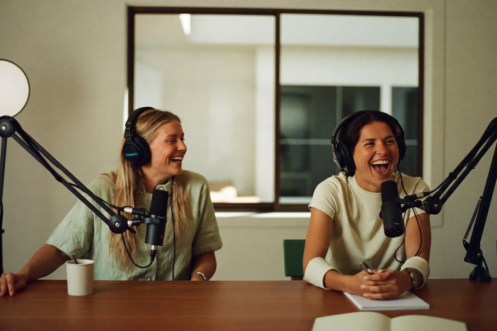 Podcast-Aufnahme: zwei Menschen am Mikrofon in einem Studio in Wien